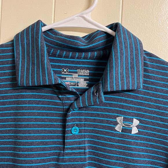 Under Armour Kids Blue Striped Polo Shirt Sz L - Picture 2 of 8